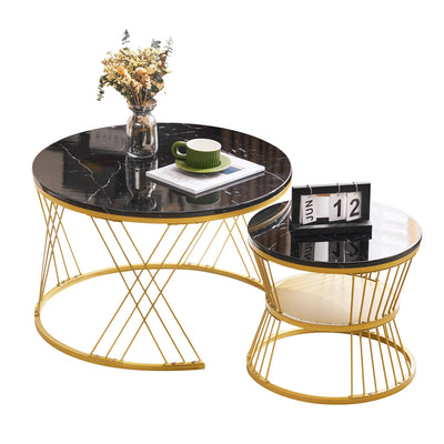 Ensemble de 2 Tables Basses Gigognes Rondes - Plateau Effet Marbre Noir et Pieds Dorés KHED