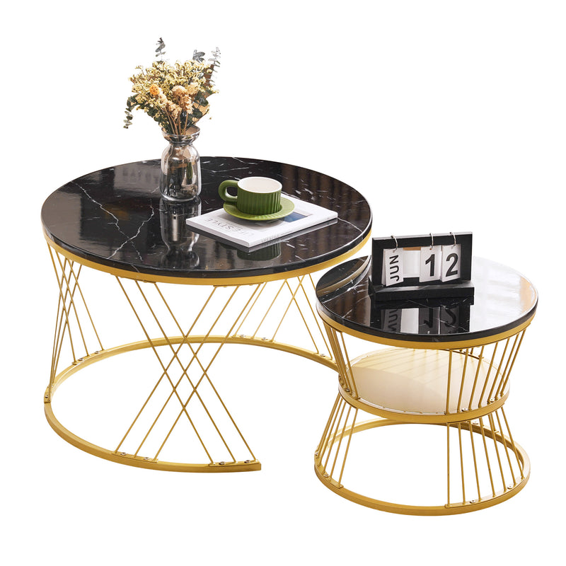 Ensemble de 2 Tables Basses Gigognes Rondes - Plateau Effet Marbre Noir et Pieds Dorés KHED