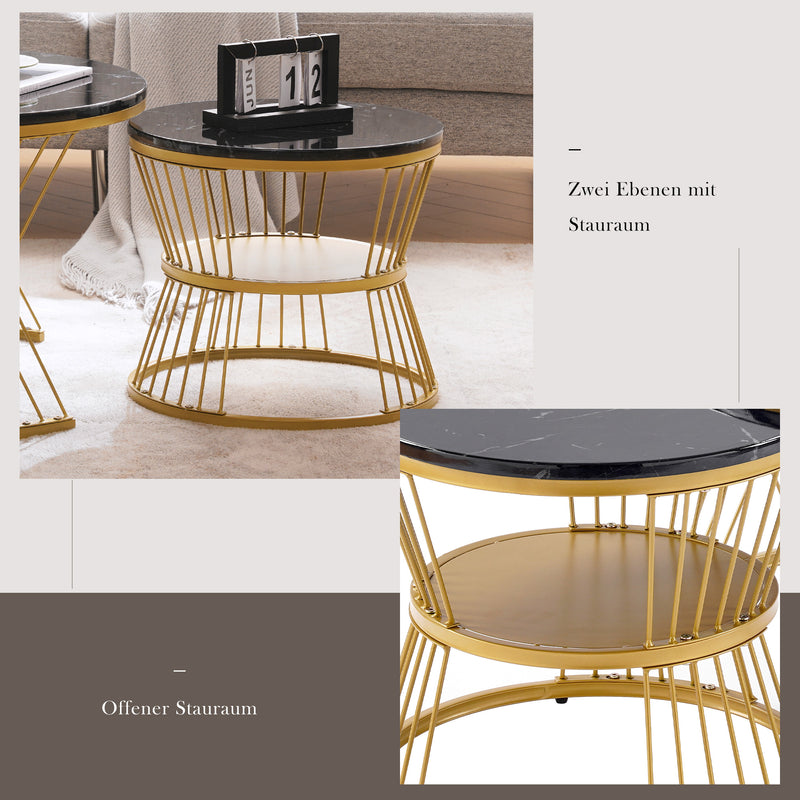 Ensemble de 2 Tables Basses Gigognes Rondes - Plateau Effet Marbre Noir et Pieds Dorés KHED