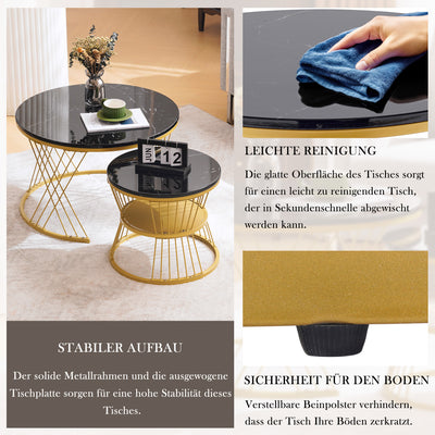 Ensemble de 2 Tables Basses Gigognes Rondes - Plateau Effet Marbre Noir et Pieds Dorés KHED