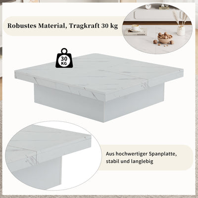 Table Basse Carrée Blanche Effet Marbre avec 4 Tiroirs Coulissants et Rangement Intégré KHEKREID