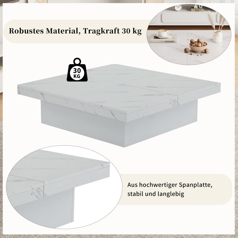 Table Basse Carrée Blanche Effet Marbre avec 4 Tiroirs Coulissants et Rangement Intégré KHEKREID