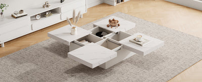 Table Basse Carrée Blanche Effet Marbre avec 4 Tiroirs Coulissants et Rangement Intégré KHEKREID