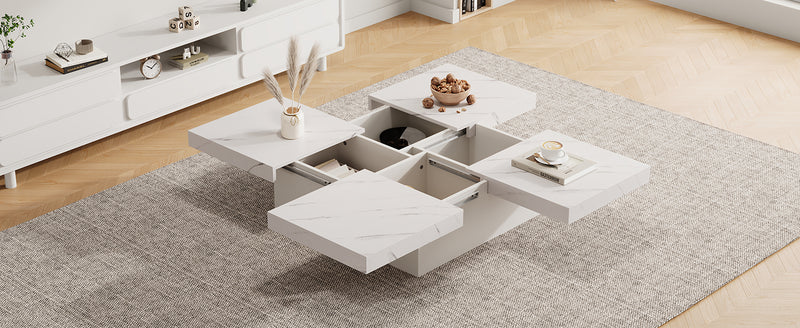 Table Basse Carrée Blanche Effet Marbre avec 4 Tiroirs Coulissants et Rangement Intégré KHEKREID