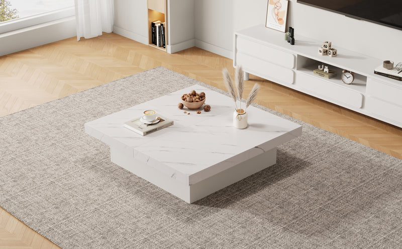 Table Basse Carrée Blanche Effet Marbre avec 4 Tiroirs Coulissants et Rangement Intégré KHEKREID