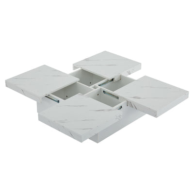 Table Basse Carrée Blanche Effet Marbre avec 4 Tiroirs Coulissants et Rangement Intégré KHEKREID