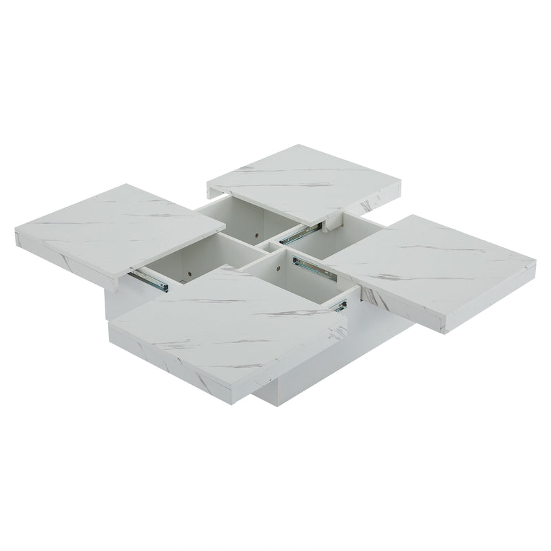 Table Basse Carrée Blanche Effet Marbre avec 4 Tiroirs Coulissants et Rangement Intégré KHEKREID