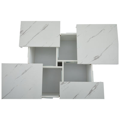 Table Basse Carrée Blanche Effet Marbre avec 4 Tiroirs Coulissants et Rangement Intégré KHEKREID