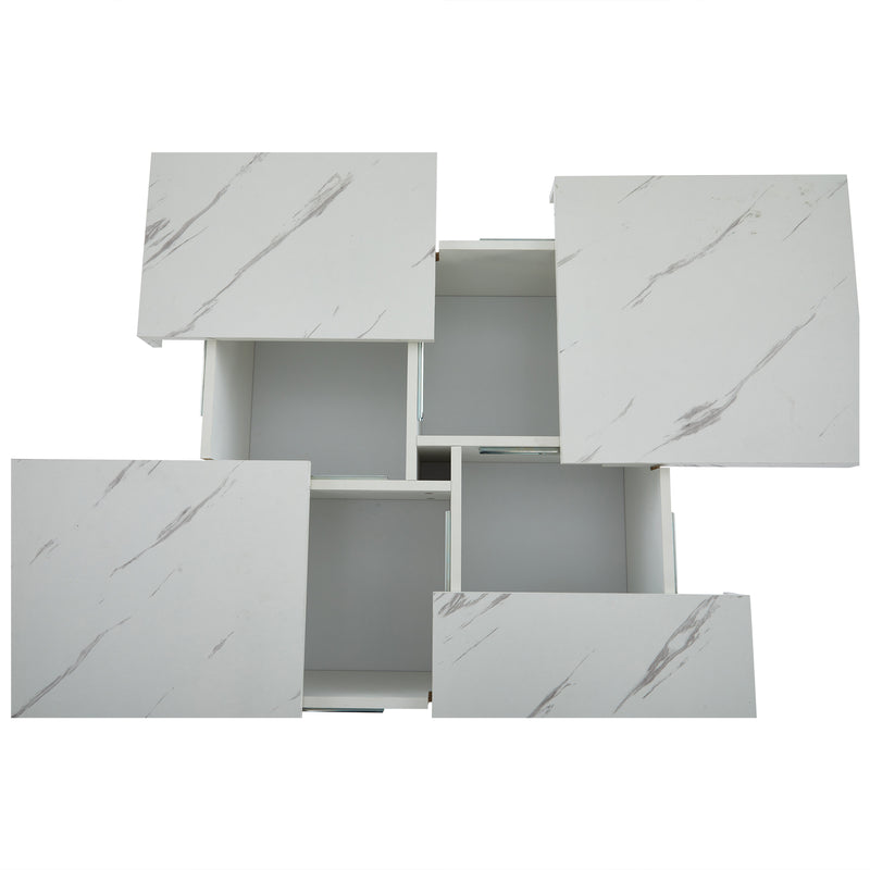 Table Basse Carrée Blanche Effet Marbre avec 4 Tiroirs Coulissants et Rangement Intégré KHEKREID