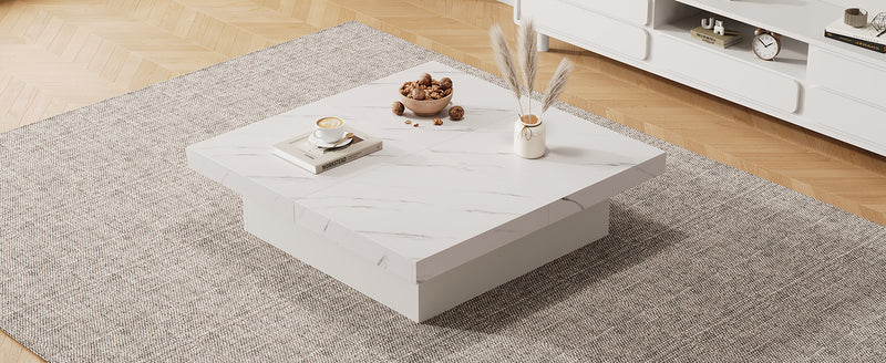 Table Basse Carrée Blanche Effet Marbre avec 4 Tiroirs Coulissants et Rangement Intégré KHEKREID