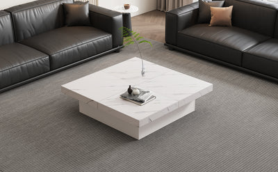 Table Basse Carrée Blanche Effet Marbre avec 4 Tiroirs Coulissants et Rangement Intégré KHEKREID