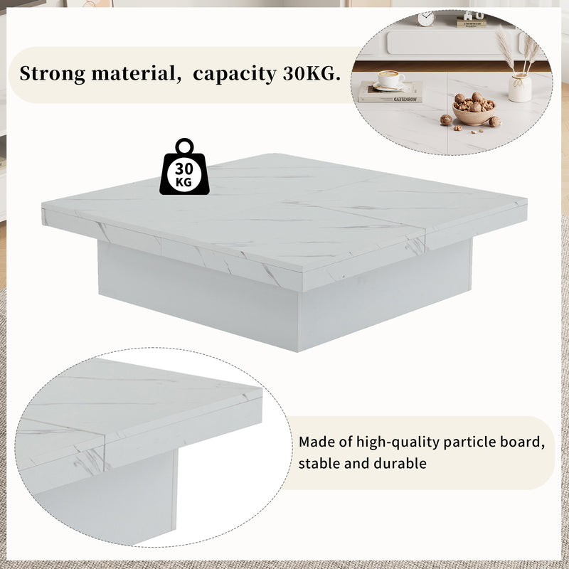 Table Basse Carrée Blanche Effet Marbre avec 4 Tiroirs Coulissants et Rangement Intégré KHEKREID