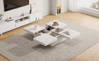 Table Basse Carrée Blanche Effet Marbre avec 4 Tiroirs Coulissants et Rangement Intégré KHEKREID