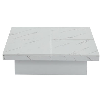 Table Basse Carrée Blanche Effet Marbre avec 4 Tiroirs Coulissants et Rangement Intégré KHEKREID