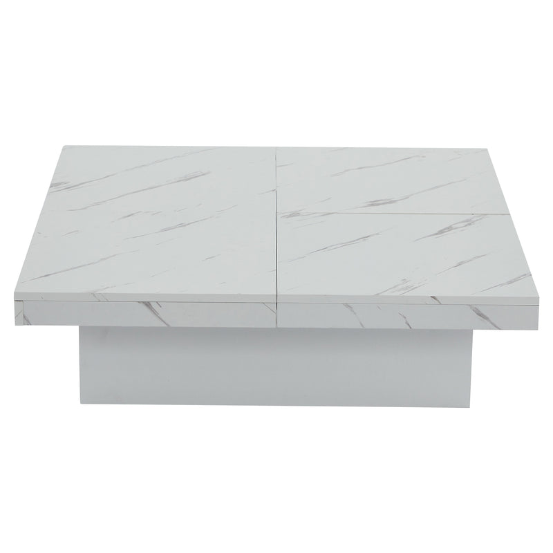 Table Basse Carrée Blanche Effet Marbre avec 4 Tiroirs Coulissants et Rangement Intégré KHEKREID