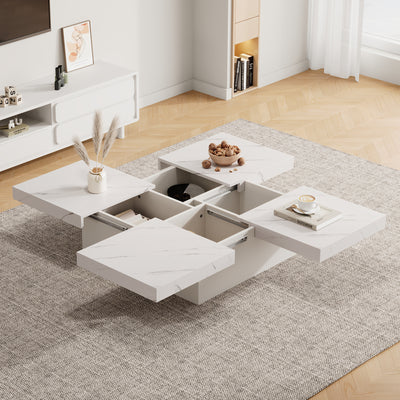 Table Basse Carrée Blanche Effet Marbre avec 4 Tiroirs Coulissants et Rangement Intégré KHEKREID