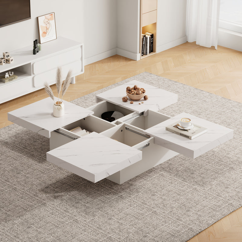Table Basse Carrée Blanche Effet Marbre avec 4 Tiroirs Coulissants et Rangement Intégré KHEKREID
