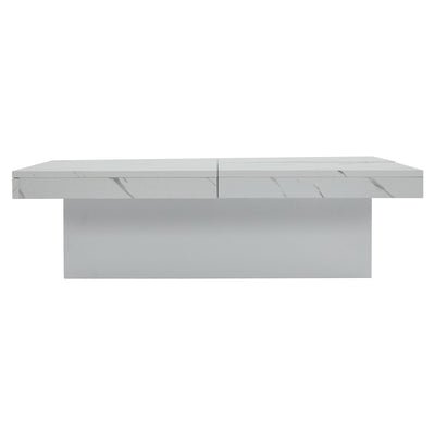 Table Basse Carrée Blanche Effet Marbre avec 4 Tiroirs Coulissants et Rangement Intégré KHEKREID