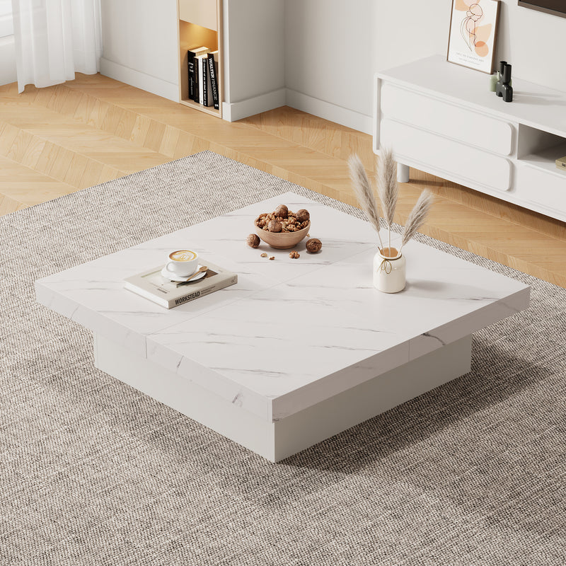 Table Basse Carrée Blanche Effet Marbre avec 4 Tiroirs Coulissants et Rangement Intégré KHEKREID