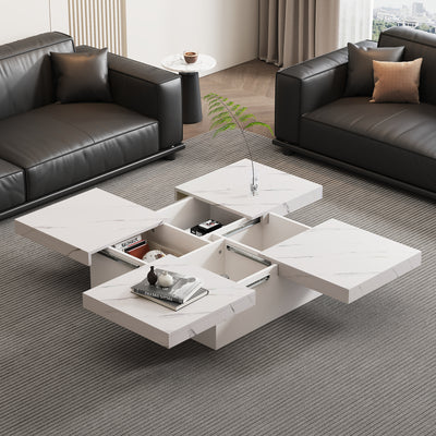 Table Basse Carrée Blanche Effet Marbre avec 4 Tiroirs Coulissants et Rangement Intégré KHEKREID