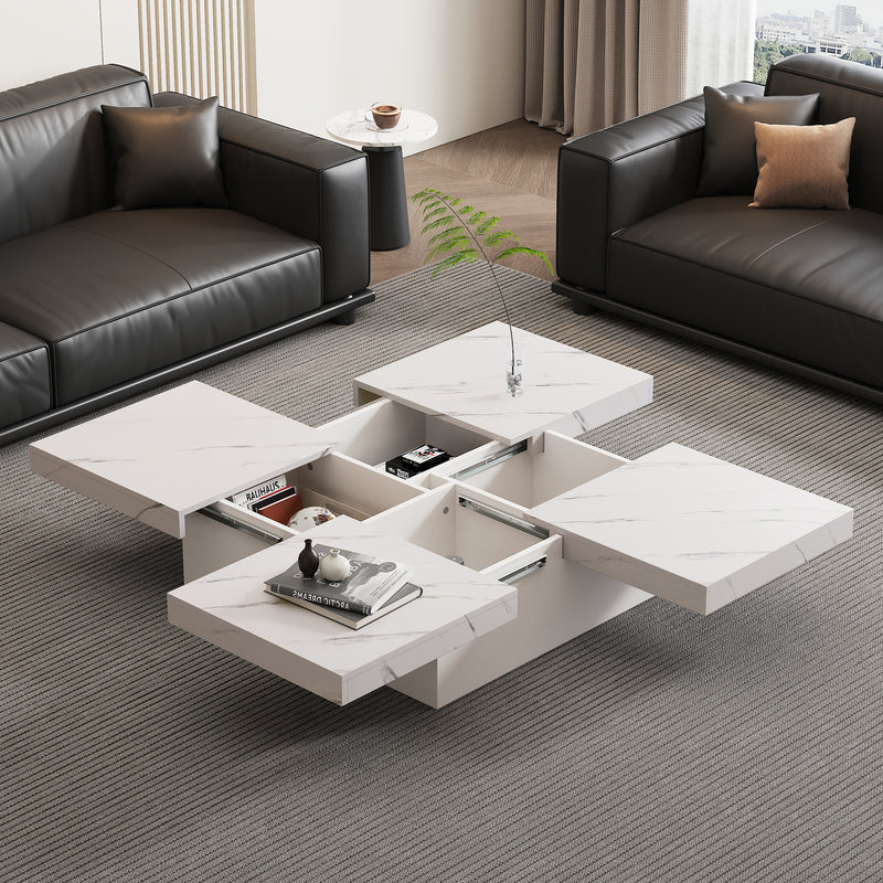 Table Basse Carrée Blanche Effet Marbre avec 4 Tiroirs Coulissants et Rangement Intégré KHEKREID
