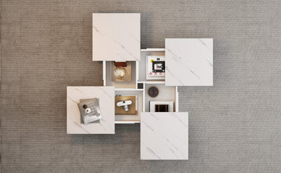 Table Basse Carrée Blanche Effet Marbre avec 4 Tiroirs Coulissants et Rangement Intégré KHEKREID