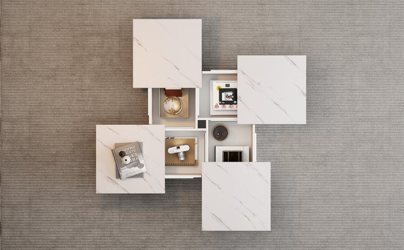 Table Basse Carrée Blanche Effet Marbre avec 4 Tiroirs Coulissants et Rangement Intégré KHEKREID