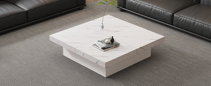Table Basse Carrée Blanche Effet Marbre avec 4 Tiroirs Coulissants et Rangement Intégré KHEKREID