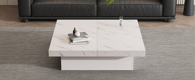 Table Basse Carrée Blanche Effet Marbre avec 4 Tiroirs Coulissants et Rangement Intégré KHEKREID