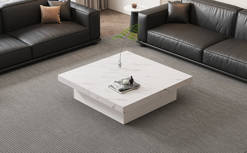 Table Basse Carrée Blanche Effet Marbre avec 4 Tiroirs Coulissants et Rangement Intégré KHEKREID
