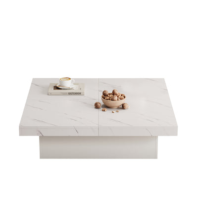 Table Basse Carrée Blanche Effet Marbre avec 4 Tiroirs Coulissants et Rangement Intégré KHEKREID