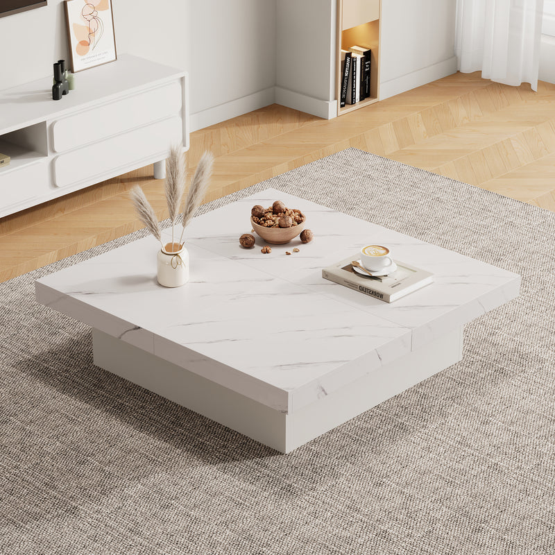Table Basse Carrée Blanche Effet Marbre avec 4 Tiroirs Coulissants et Rangement Intégré KHEKREID