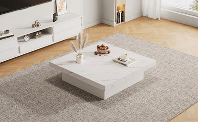 Table Basse Carrée Blanche Effet Marbre avec 4 Tiroirs Coulissants et Rangement Intégré KHEKREID