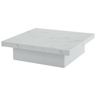 Table Basse Carrée Blanche Effet Marbre avec 4 Tiroirs Coulissants et Rangement Intégré KHEKREID