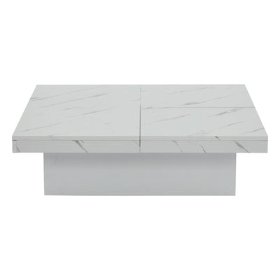 Table Basse Carrée Blanche Effet Marbre avec 4 Tiroirs Coulissants et Rangement Intégré KHEKREID