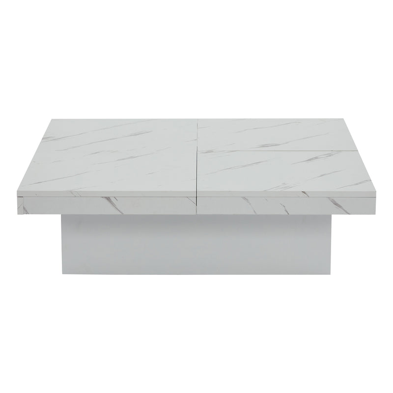 Table Basse Carrée Blanche Effet Marbre avec 4 Tiroirs Coulissants et Rangement Intégré KHEKREID