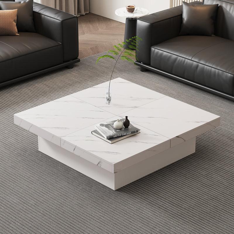 Table Basse Carrée Blanche Effet Marbre avec 4 Tiroirs Coulissants et Rangement Intégré KHEKREID