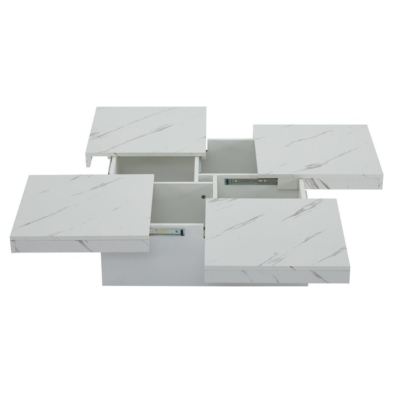 Table Basse Carrée Blanche Effet Marbre avec 4 Tiroirs Coulissants et Rangement Intégré KHEKREID