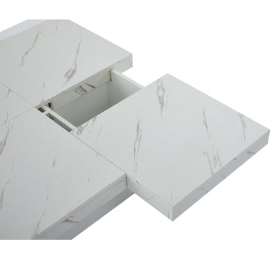 Table Basse Carrée Blanche Effet Marbre avec 4 Tiroirs Coulissants et Rangement Intégré KHEKREID