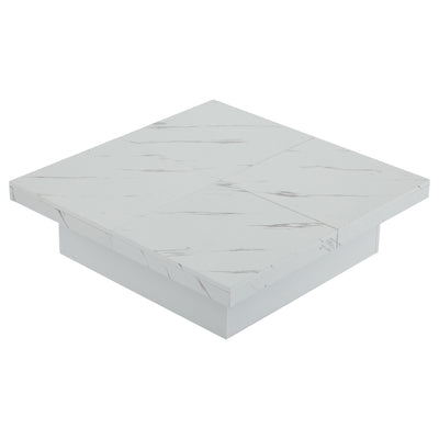 Table Basse Carrée Blanche Effet Marbre avec 4 Tiroirs Coulissants et Rangement Intégré KHEKREID