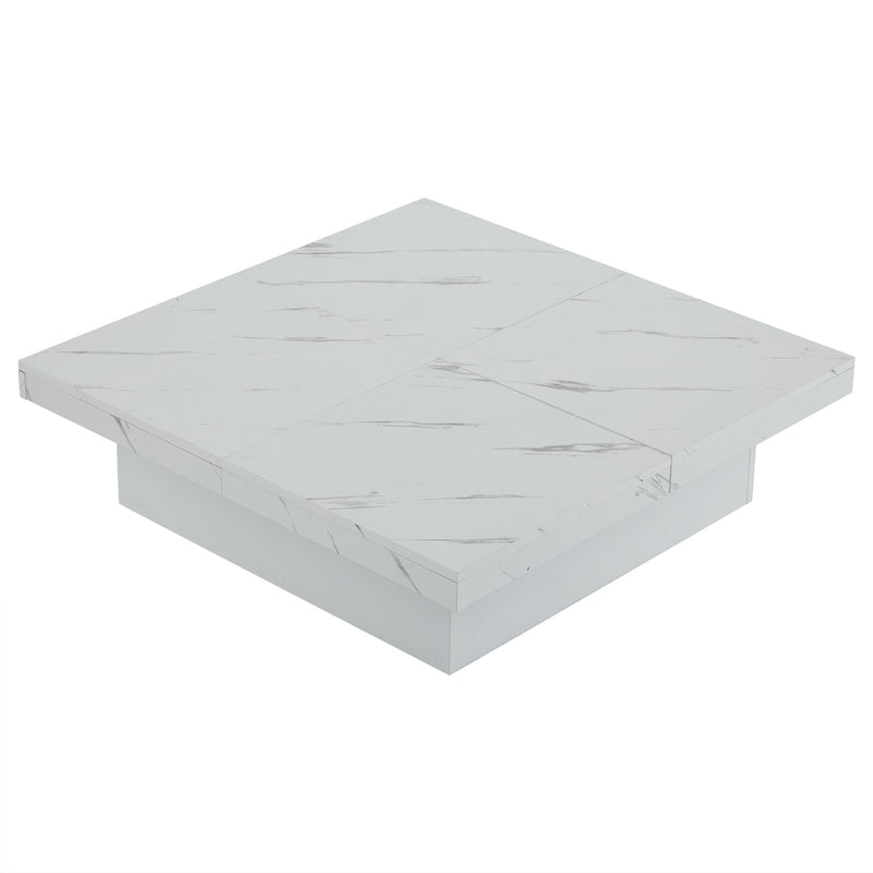 Table Basse Carrée Blanche Effet Marbre avec 4 Tiroirs Coulissants et Rangement Intégré KHEKREID
