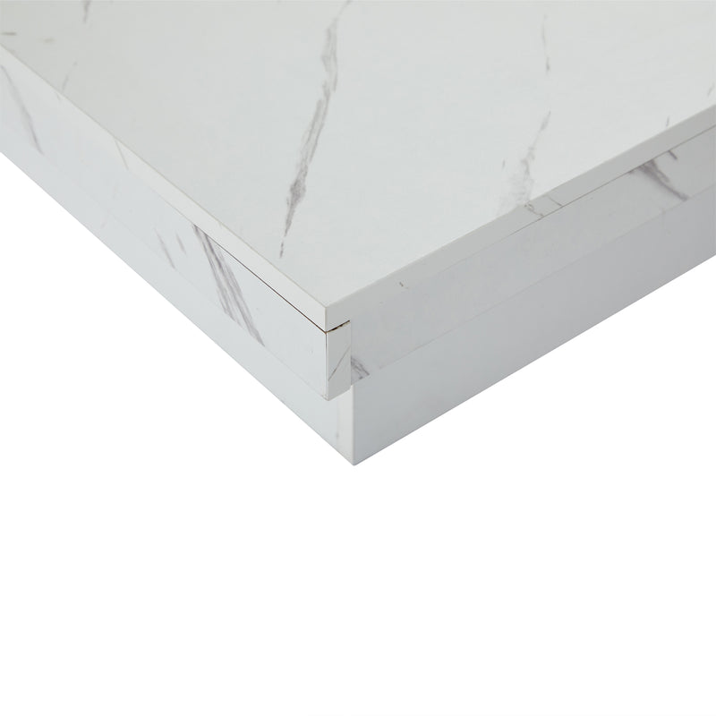 Table Basse Carrée Blanche Effet Marbre avec 4 Tiroirs Coulissants et Rangement Intégré KHEKREID
