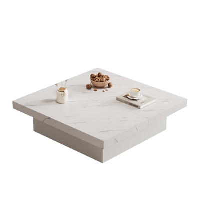 Table Basse Carrée Blanche Effet Marbre avec 4 Tiroirs Coulissants et Rangement Intégré KHEKREID