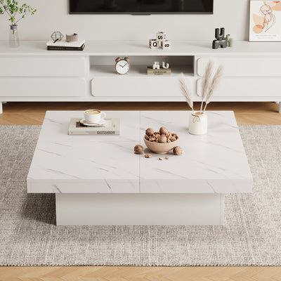 Table Basse Carrée Blanche Effet Marbre avec 4 Tiroirs Coulissants et Rangement Intégré KHEKREID