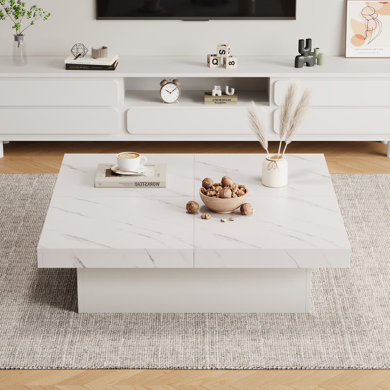 Table Basse Carrée Blanche Effet Marbre avec 4 Tiroirs Coulissants et Rangement Intégré KHEKREID