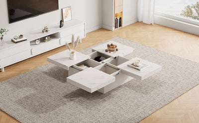 Table Basse Carrée Blanche Effet Marbre avec 4 Tiroirs Coulissants et Rangement Intégré KHEKREID