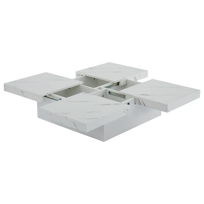 Table Basse Carrée Blanche Effet Marbre avec 4 Tiroirs Coulissants et Rangement Intégré KHEKREID
