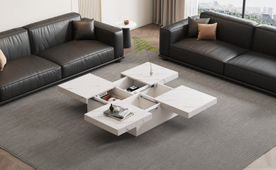 Table Basse Carrée Blanche Effet Marbre avec 4 Tiroirs Coulissants et Rangement Intégré KHEKREID