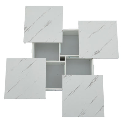 Table Basse Carrée Blanche Effet Marbre avec 4 Tiroirs Coulissants et Rangement Intégré KHEKREID