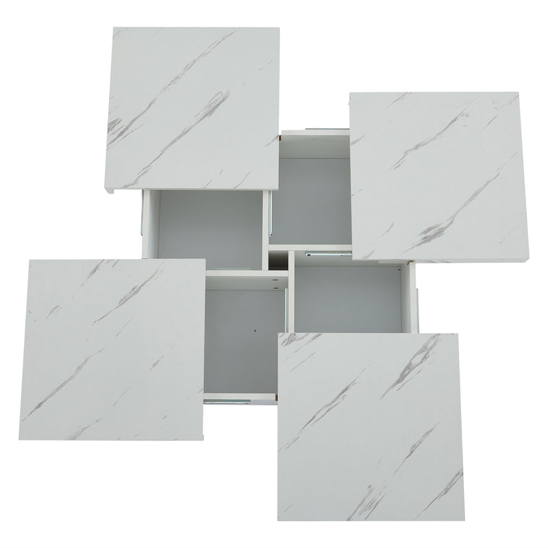 Table Basse Carrée Blanche Effet Marbre avec 4 Tiroirs Coulissants et Rangement Intégré KHEKREID
